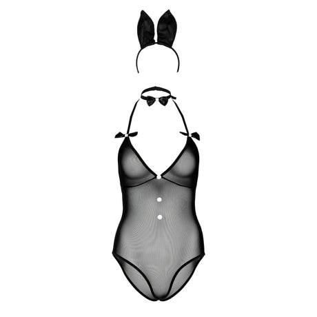 Комплект Tuxedo Bunny на Daring Intimates: черно прозрачно боди с бели копчета, жълто-черна папийонка на врата и диадема със заешки уши
