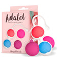 Комплект вагинални топчета Adalet: розова кутия с надпис „4 kegel beads“ и четири цветни топчета в червено, розово, синьо и бордо