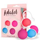 Комплект вагинални топчета Adalet: розова кутия с надпис „4 kegel beads“ и четири цветни топчета в червено, розово, синьо и бордо