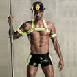 Мъжки костюм Sexy Firefighter на модел: черна каска с надпис Fire Chief, светлозелен сбруй, налакътници и лъскави черни боксерки