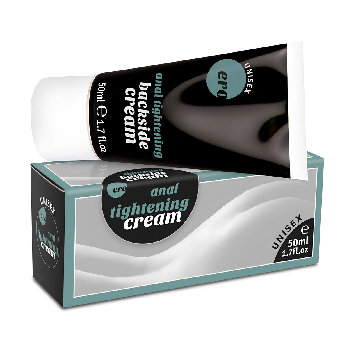 Крем Ero Anal Tightening Backside Cream, 50 ml – черна туба с бяла капачка върху кутия в сиво и тюркоазено