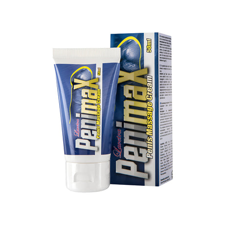 Синьо-бяла опаковка Penimax Lavetra 50 ml: тубата с бяла капачка стои пред кутията, на която е изписано Penis Massage Cream