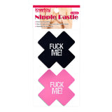 Лепенки за гърди Fuck Me в опаковка Lovetoy 2 pack: черна и розова кръстовидна лепенка с бял надпис „Fuck Me!“