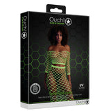 Черна кутия на Ouch! Glow in the Dark с модел в неоново зелен мрежест топ с дълъг ръкав и дълга пола, надпис UV Active