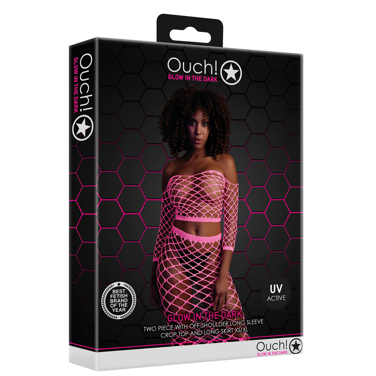 Черна кутия на Ouch! Glow in the Dark с модел в неоново розов мрежест кроп топ и дълга пола; надпис UV Active и размер XS/XL