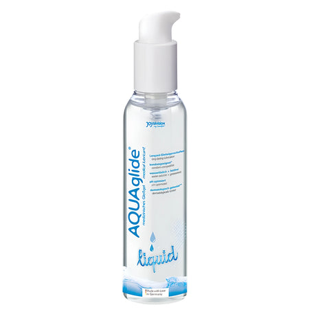 Прозрачна бутилка с бяла помпа на лубрикант Aqua Glide Liquid 50 ml на Joy Division, с етикет със сини надписи