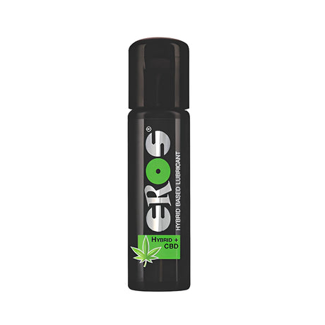 Черна бутилка Eros Hybrid + CBD 100 мл с надпис „Hybrid based lubricant“, зелен етикет и листо от коноп