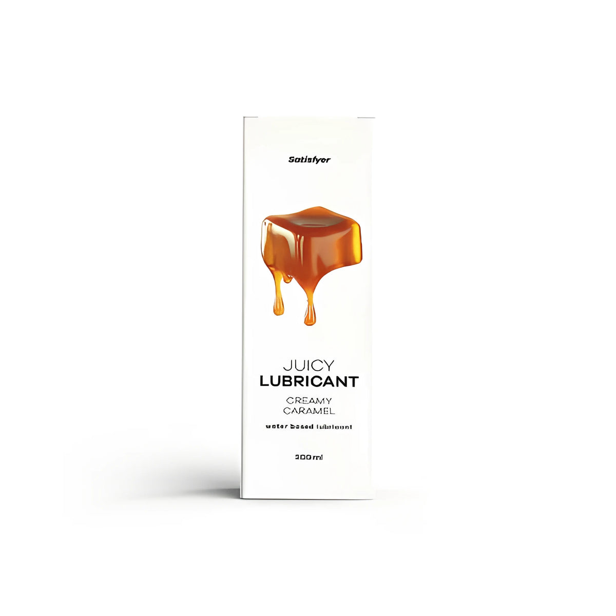Бяла кутия на лубрикант на водна основа Satisfyer Juicy Lubricant Creamy Caramel, 300 ml, с карамелено кубче на фронта