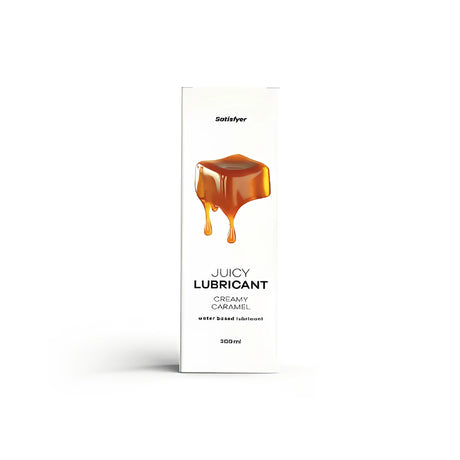 Бяла кутия на лубрикант на водна основа Satisfyer Juicy Lubricant Creamy Caramel, 300 ml, с карамелено кубче на фронта