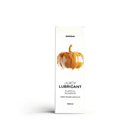 Бяла кутия на лубрикант Satisfyer Juicy Lubricant Playful Pumpkin 300 ml с оранжева тиква, покрита с медена глазура