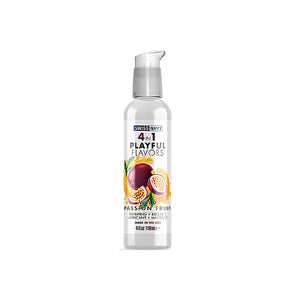 Бутилка с помпа Swiss Navy 4 в 1 Playful Flavors с етикет Wild Passion Fruit и плодове маракуя, 118 мл, изглед отпред