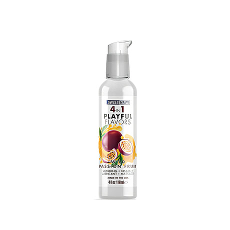 Бутилка с помпа Swiss Navy 4 в 1 Playful Flavors с етикет Wild Passion Fruit и плодове маракуя, 118 мл, изглед отпред