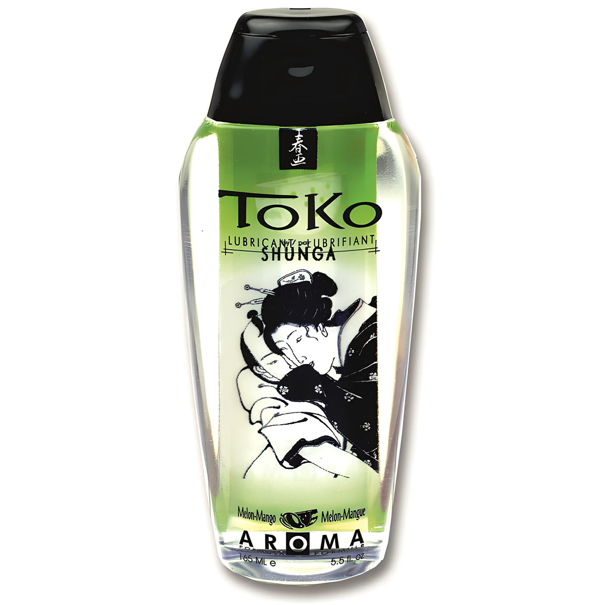 Прозрачна бутилка Shunga Toko Aroma с черна капачка и зелен етикет с вкус пъпеш и манго, 165 мл, с японска илюстрация