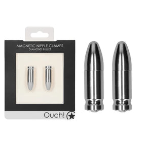 Магнитни щипки Ouch! Diamond Bullet в черна опаковка с прозорец до две сребристи щипки във формата на куршум с кристал в основата