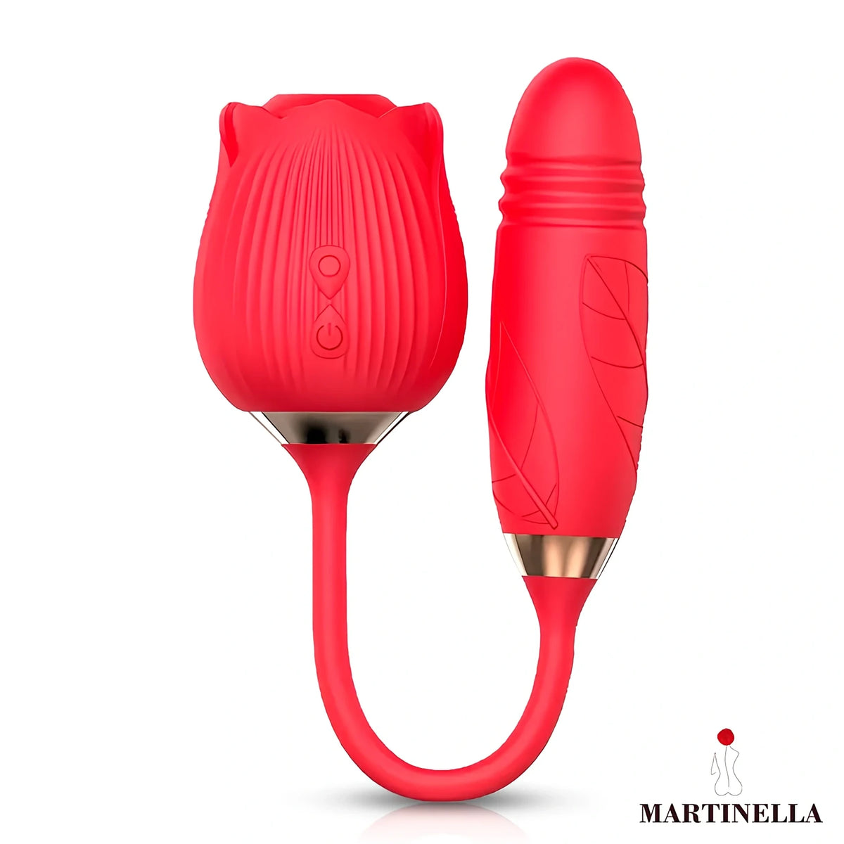 Martinella Airflow Rose – червен силиконов стимулатор във формата на роза, свързан с гъвкав кабел с яйцевидна част с релефен листен мотив