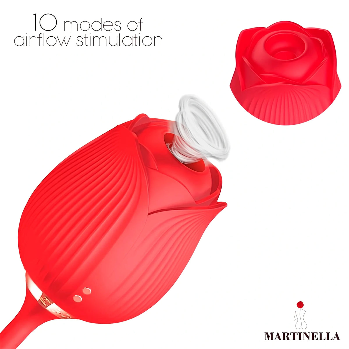 Червен розов стимулатор Martinella Airflow Rose с отделена накрайница и надпис „10 modes of airflow stimulation“