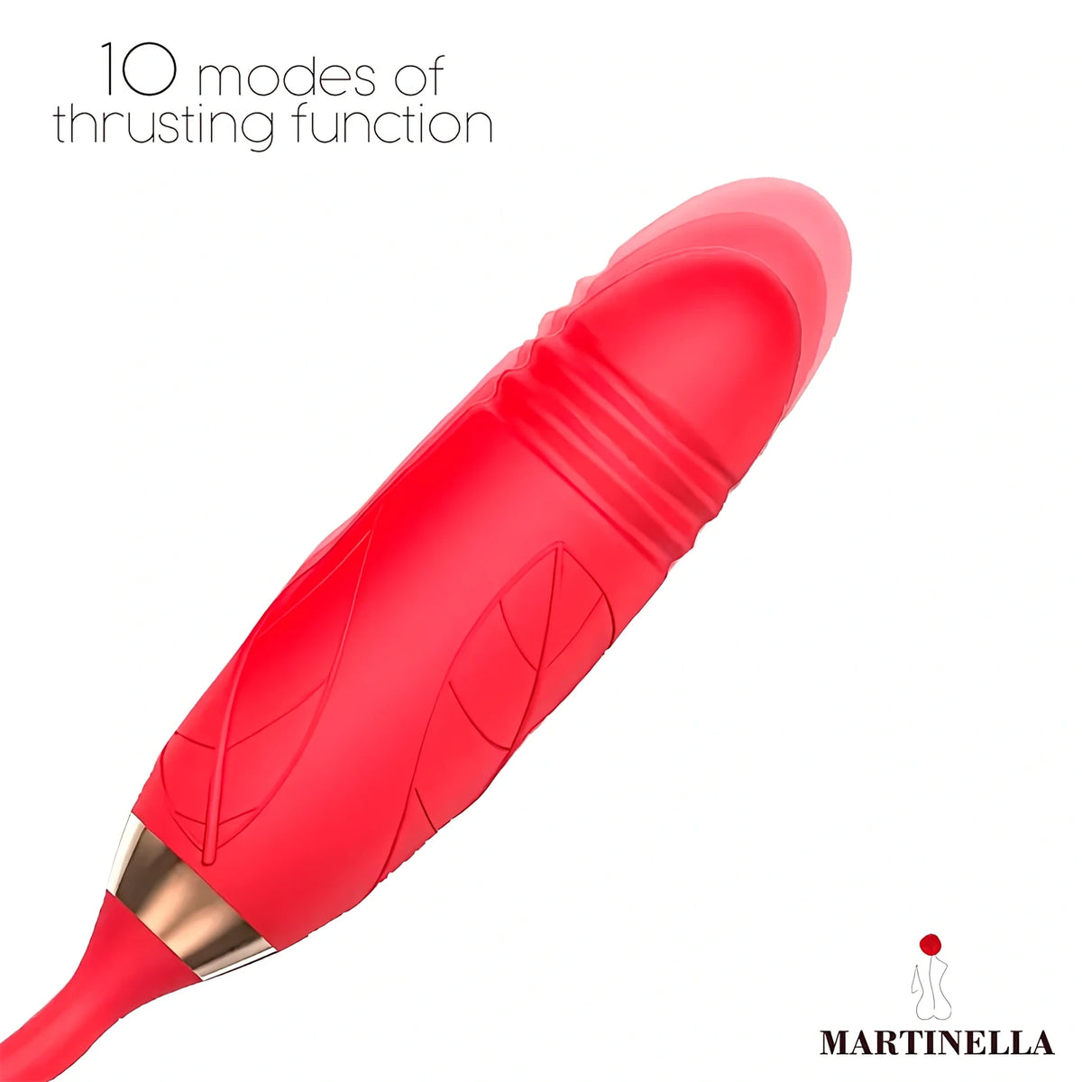 Червен стимулатор Martinella Airflow Rose с релефни листа и златист пръстен; инфографика с текст „10 modes of thrusting function“