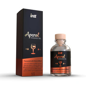 Масажен гел Intt Aperol с загряващ ефект 30 мл: тъмна кутия с оранжева долна част и стъклено шише с дървена тапа до нея