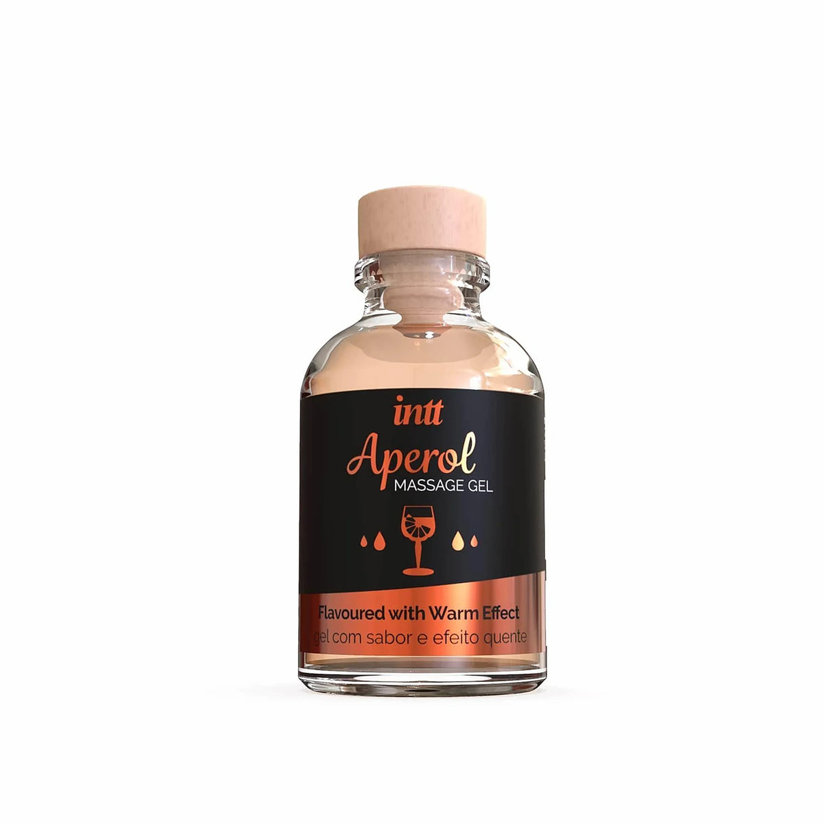 Стъклено бурканче с дървена тапа на масажен гел Intt Aperol, с черен етикет и надпис Flavoured with Warm Effect, отпред