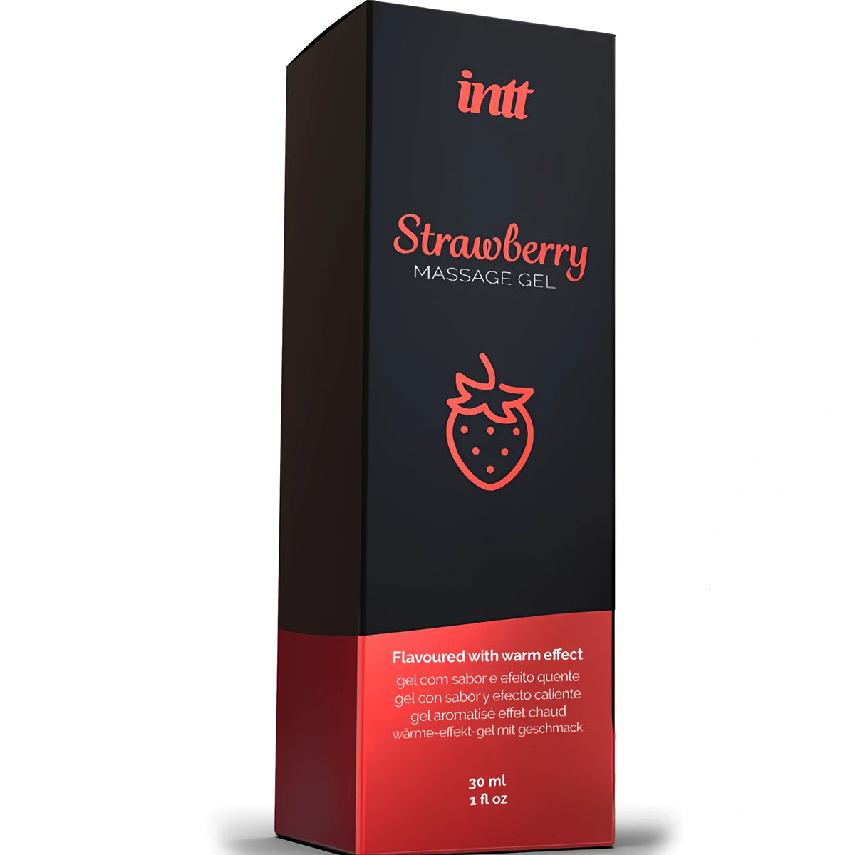 Черна кутия с червена долна част на масажен гел Intt Strawberry 30 мл, с ягода и надпис за затоплящ ефект