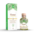 Intt масажен гел Coconut с топлинен ефект: зелено-бяла кутия и стъклено шише с дървена капачка, 30 мл, с палмови листа