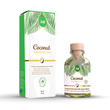 Intt масажен гел Coconut с топлинен ефект: зелено-бяла кутия и стъклено шише с дървена капачка, 30 мл, с палмови листа