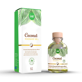 Intt масажен гел Coconut с топлинен ефект: зелено-бяла кутия и стъклено шише с дървена капачка, 30 мл, с палмови листа