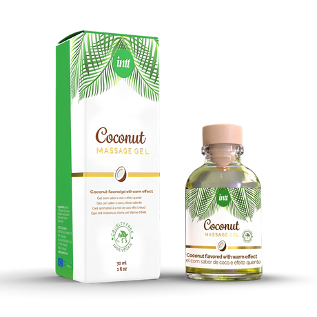 Intt масажен гел Coconut с топлинен ефект: зелено-бяла кутия и стъклено шише с дървена капачка, 30 мл, с палмови листа
