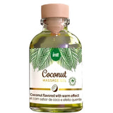 Стъклено бурканче с масажен гел Intt Coconut с бежова капачка, етикет с палмови листа, надпис „Coconut flavored with warm effect“