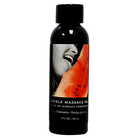 Черна бутилка с масажно олио Earthly Body, 60 ml, с етикет с кървавочервена диня и надпис „Edible Massage Oil“, вкус диня