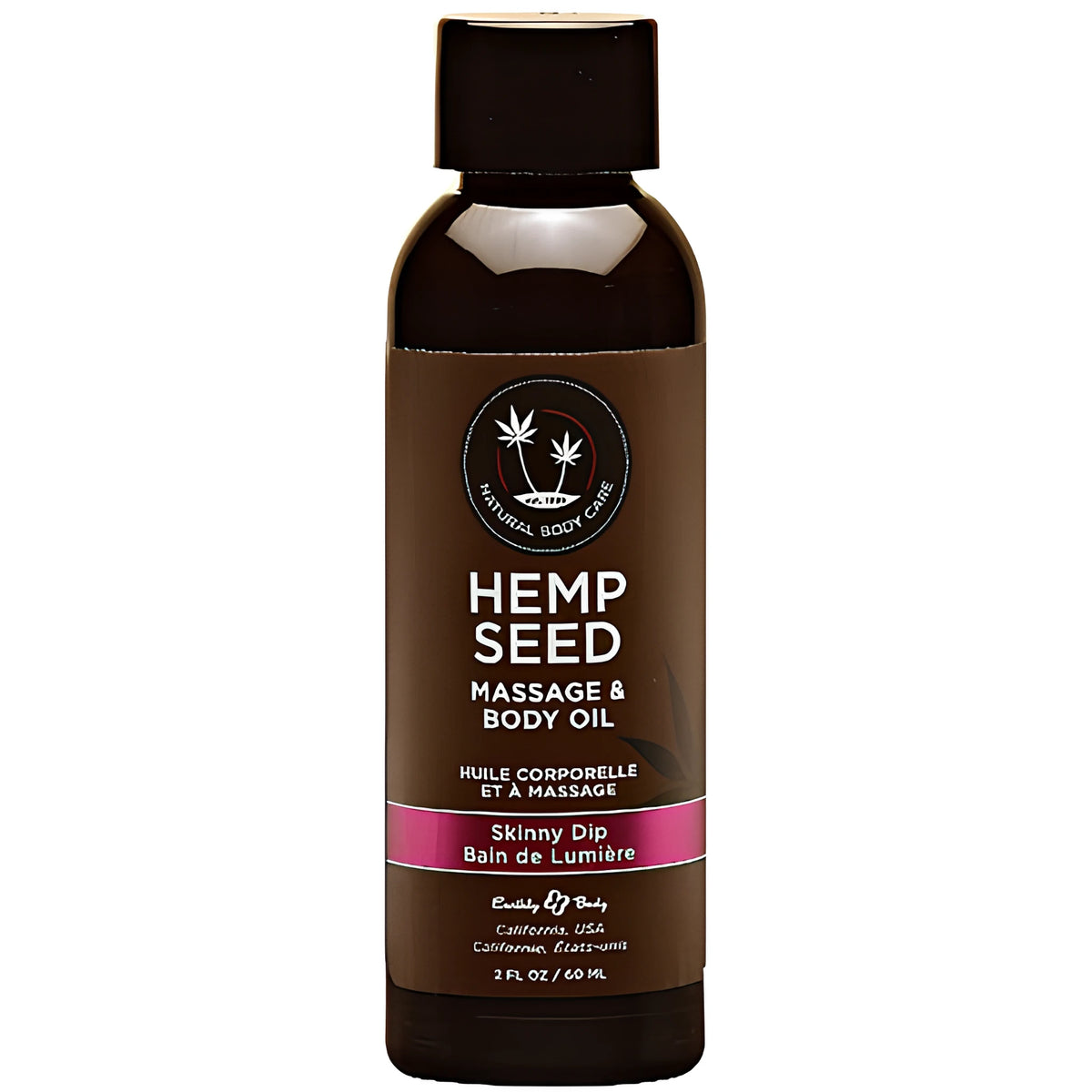 Масажно олио Hemp Seed на Earthly Body в кехлибарена бутилка с кафява етикетка, аромат Skinny Dip, 60 мл, изглед отпред