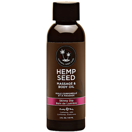 Масажно олио Hemp Seed на Earthly Body в кехлибарена бутилка с кафява етикетка, аромат Skinny Dip, 60 мл, изглед отпред