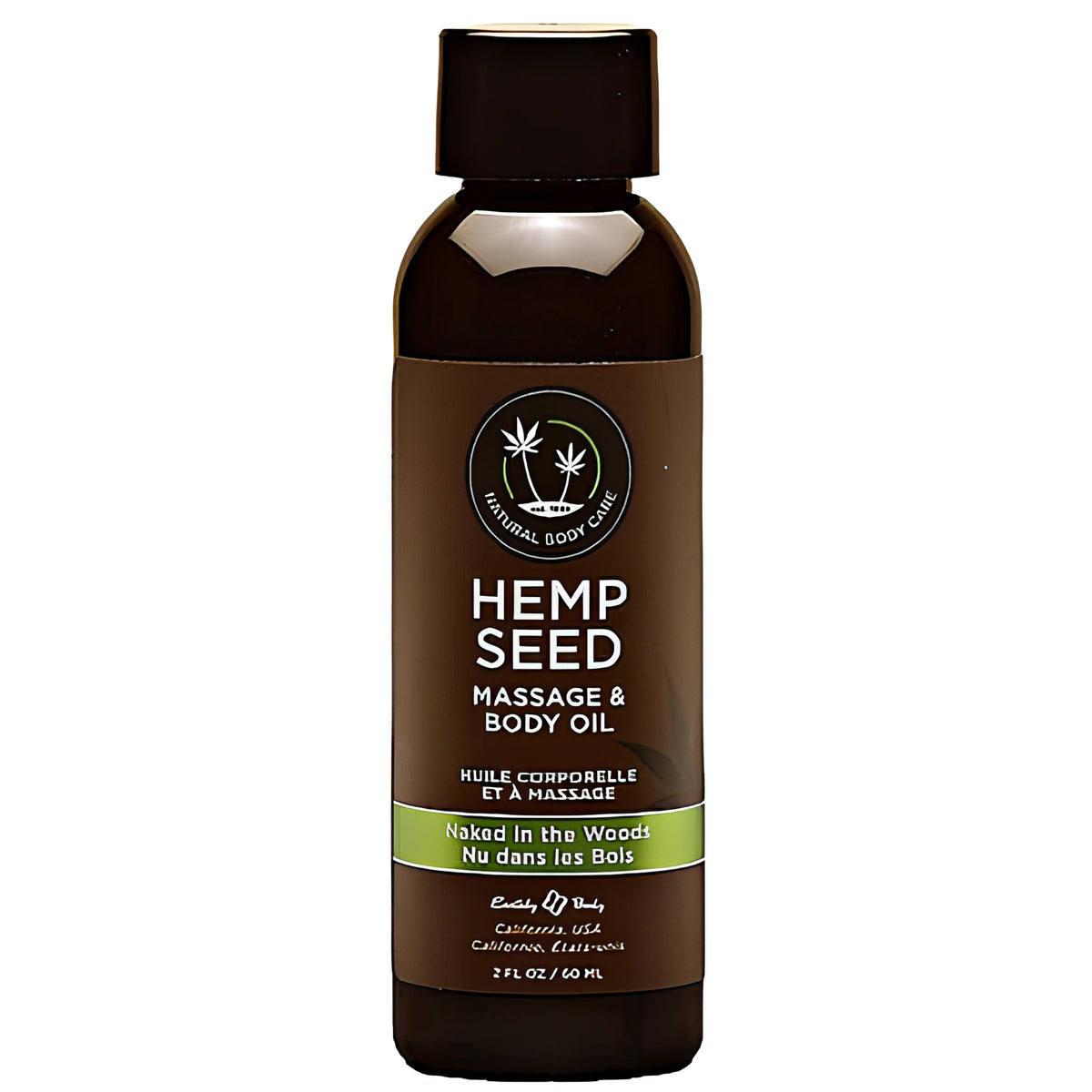 Кафява бутилка масажно олио Hemp Seed на Earthly Body с черна капачка и зелена лента на етикета „Naked in the Woods“, 60 мл