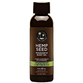 Кафява бутилка масажно олио Hemp Seed на Earthly Body с черна капачка и зелена лента на етикета „Naked in the Woods“, 60 мл