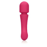 Масажор Double-Sided Ultra Soft Silicone на Shots в розово-червен цвят, изправен, поглед отпред върху главата и дръжката