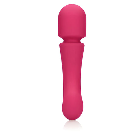 Масажор Double-Sided Ultra Soft Silicone на Shots в розово-червен цвят, изправен, поглед отпред върху главата и дръжката