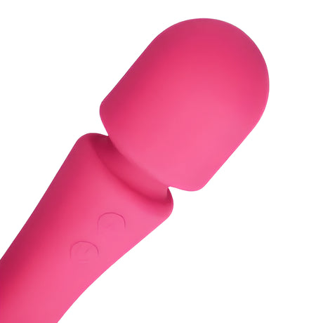 Масажор Double-Sided Ultra Soft Silicone на Shots в розово: close-up на главата и двата бутона за управление върху дръжката