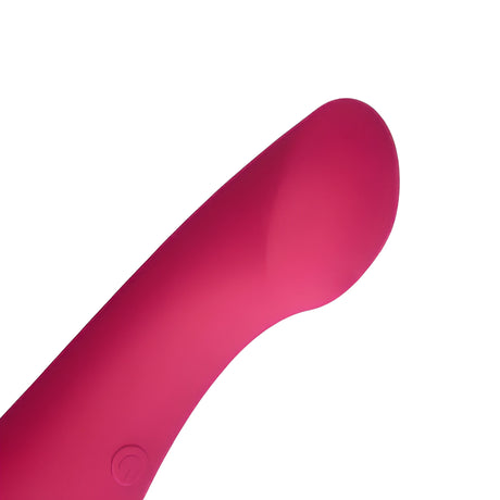 Масажор Double-Sided Ultra Soft Silicone на Shots: close-up на извития розово-червен силиконов връх и бутона за управление