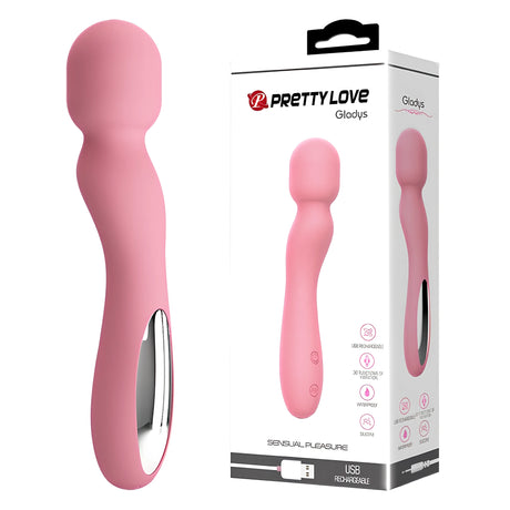 Розов масажор Pretty Love Gladys с метален елемент до кутията му с надписи Gladys, Sensual Pleasure и USB Rechargeable