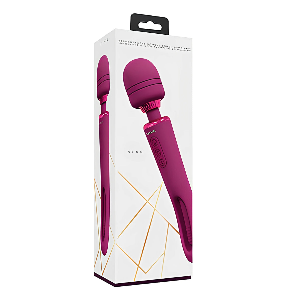 Бяла кутия на масажора Kiku Pink на Vive със златисти линии и розовия масажор с кръгла глава на лицевата страна