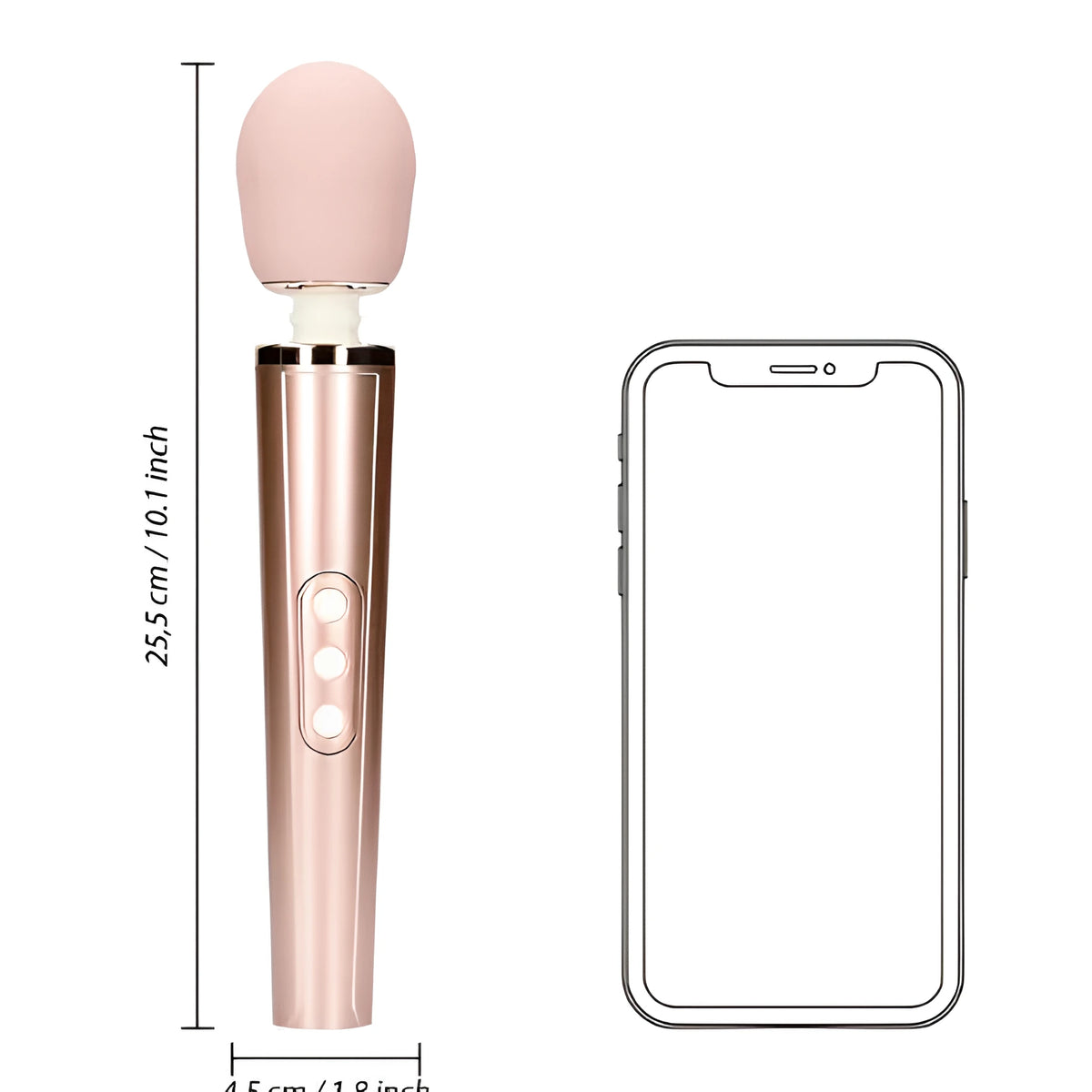 Масажор Loveline Rose Pink с височина 25,5 см и диаметър 4,5 см, поставен до контур на смартфон за сравнение на размера