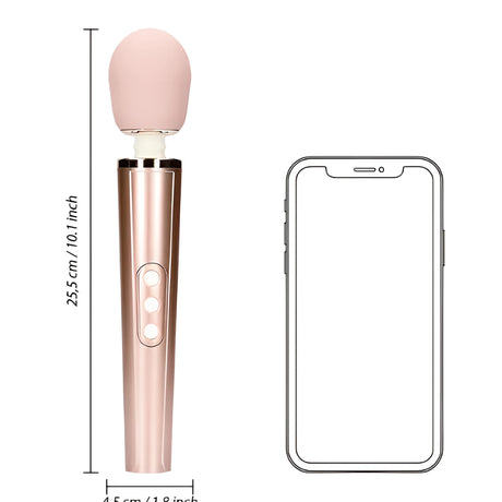 Масажор Loveline Rose Pink с височина 25,5 см и диаметър 4,5 см, поставен до контур на смартфон за сравнение на размера