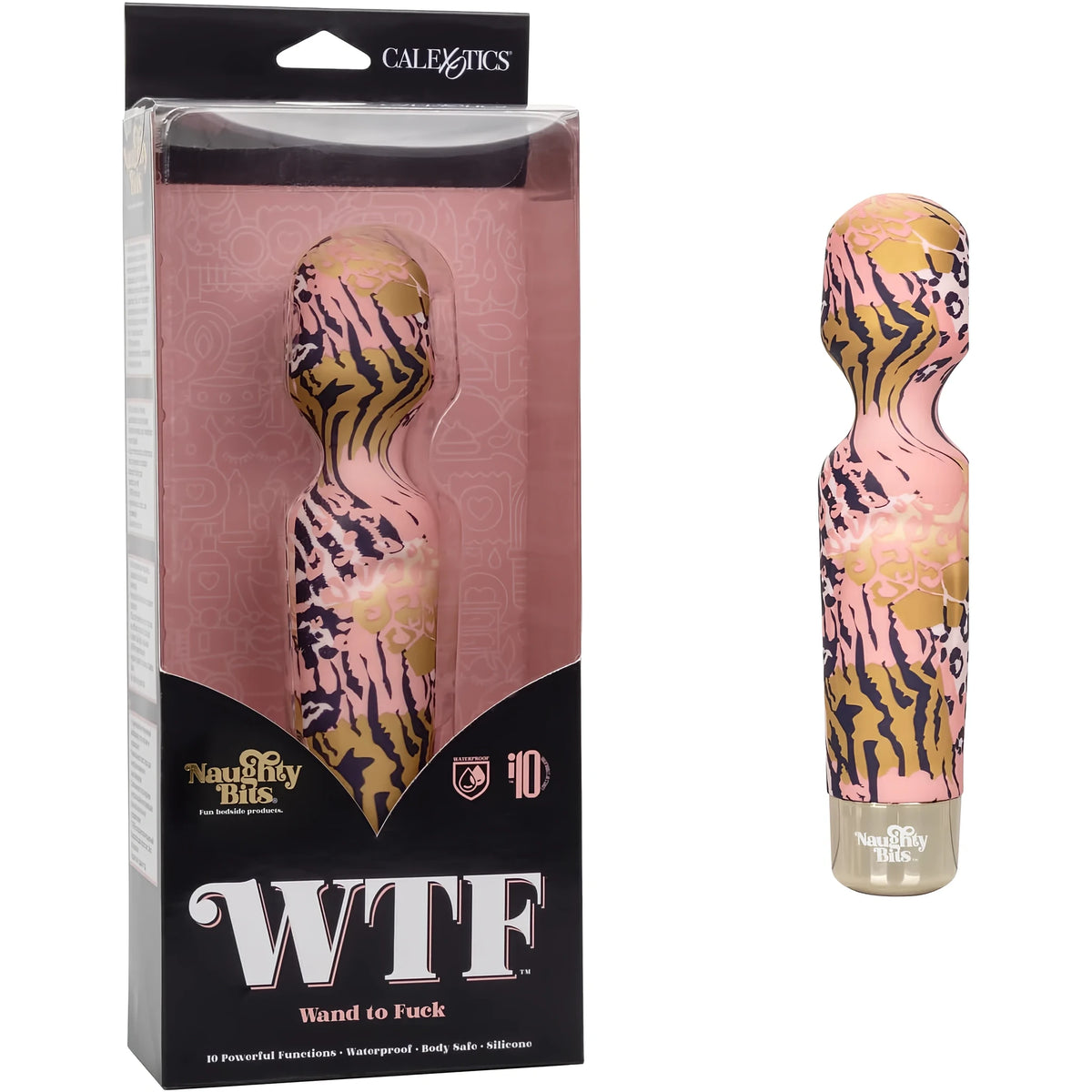 Масажор Naughty Bits WTF Wand to Fuck с розов животински принт в черна кутия на CalExotics, до него самият масажор