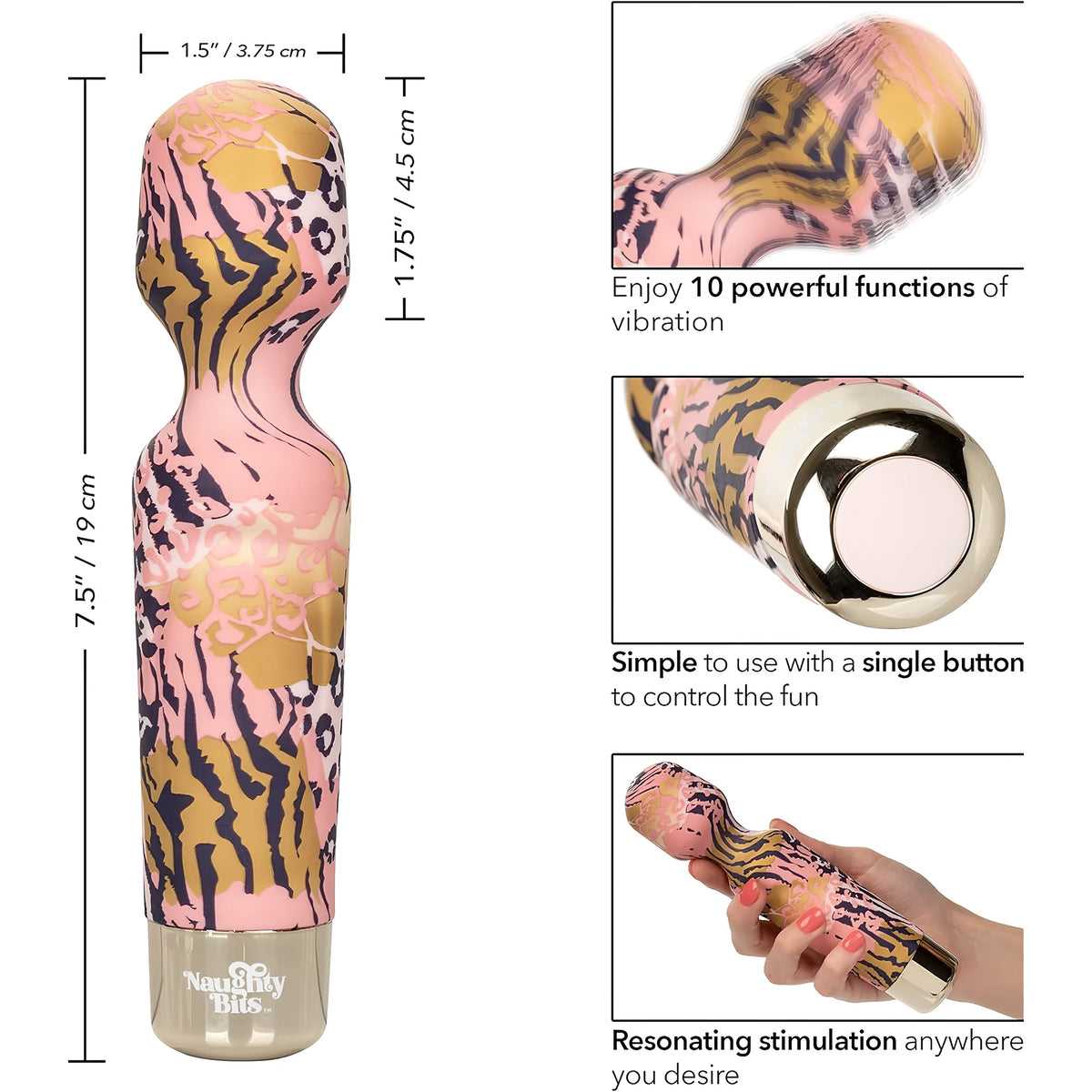 Масажор Naughty Bits WTF Wand с розов животински принт и размери 19 см височина, 3,75 см ширина на главата; инфографика с бутон и ръка