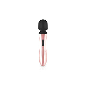 Масажор Rosy Gold Curve Massager отпред: черна мека глава и розово-златиста дръжка с черно копче за управление