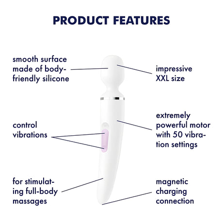 Инфографика за масажор Satisfyer Wand-er Woman с надписи: силикон, XXL размер, 50 настройки на вибрациите и магнитно зареждане