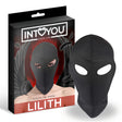 Черна текстилна маска Lilith с отвори за очите до кутията ѝ на IntoYou BDSM Line, с надпис Discipline Mask
