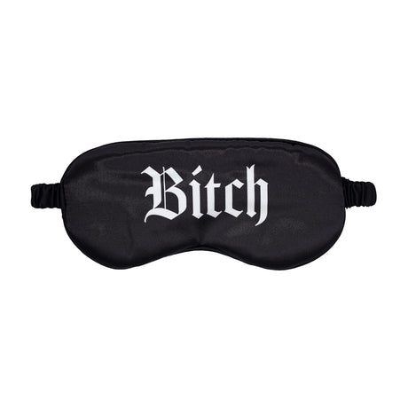 Черна сатенена маска за очи Bitch на Ouch! с ластична лента, отпред с бял готически надпис „Bitch“, на бял фон