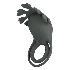 Master ring на Pretty Love – тъмносива силиконова вибрираща пръстеновидна играчка с двойна гумена примка и релефни лястовичи краища, изглед отстрани
