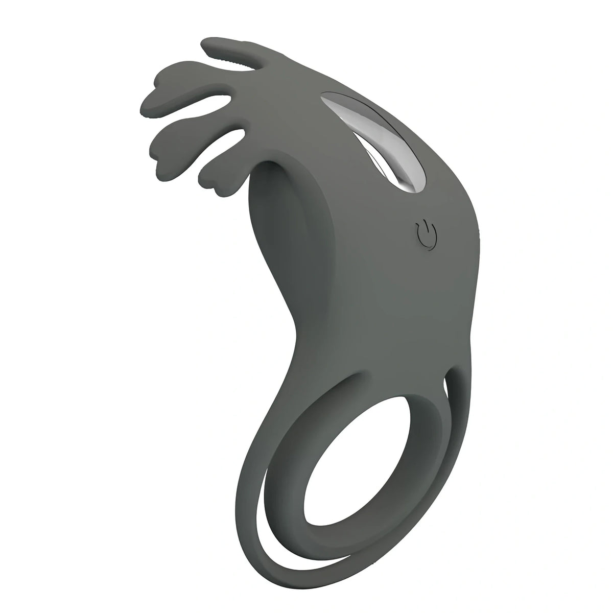 Master ring на Pretty Love – тъмносива силиконова вибрираща пръстеновидна играчка с копче за включване и релефни израстъци, страничен изглед